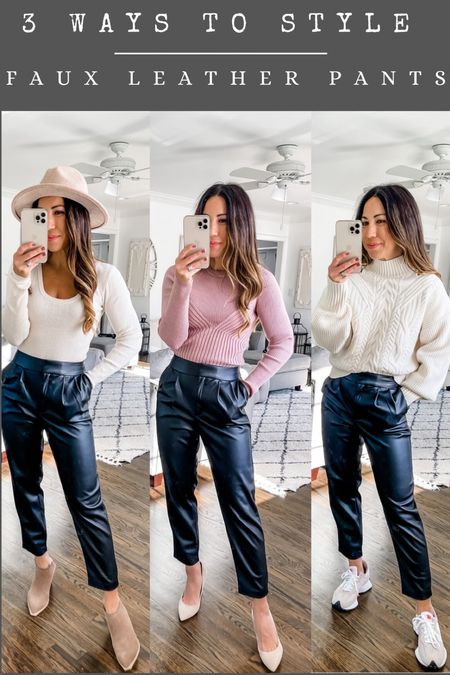 3 ways to style these @express faux leather pants. Actually pulling for faux leather more often than jeans as they are so easy to dress up or down. Bonus: this pair is petite friendly and come in 3 colors. Sharing an @express try on in stories later. Lots on sale too! #october2022 #expresspartner #expressyou

Ways to shop: 
1. Link in bio 
2. Head to stories 

Pants: 0 short
Sweaters: small 

#LTKsalealert #LTKunder100 #LTKunder50