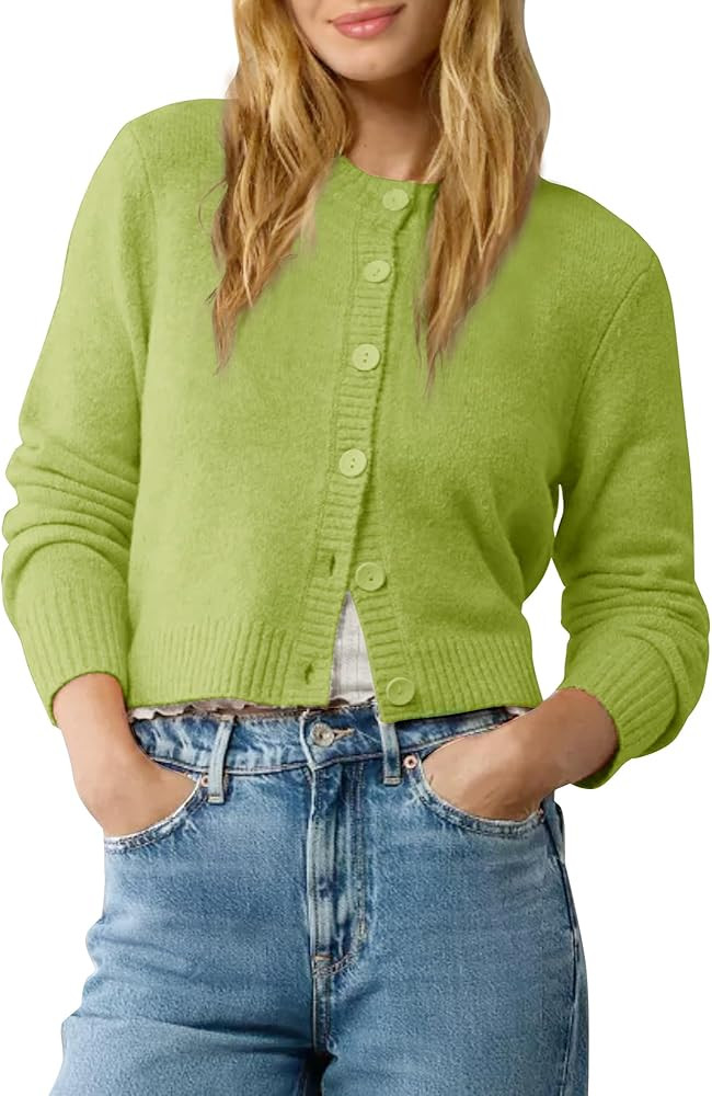Urban CoCo Women's Crew Neck Cropped Cardigan Sweaters Long Sleeve Open Front Button Down Shrug S... | Amazon (US)