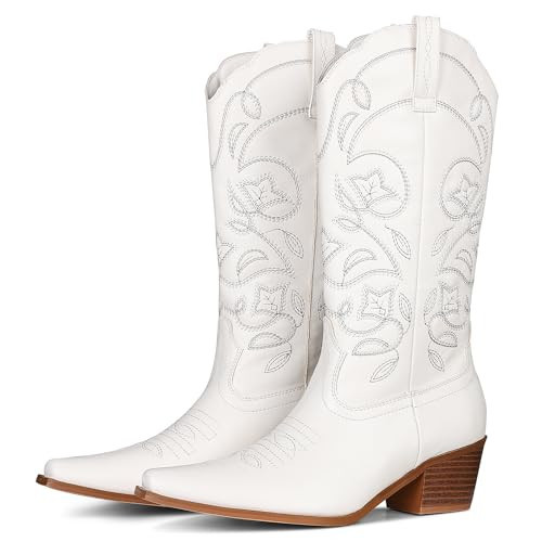 Attiposh White Cowboy Boots for Women, Wide Calf Womens Cowgirl Boots, Western Style Embroidery Mid Calf Boots, Pointed Toe Chunky High Heels Pull on Fall Party Fashion Dress Shoes Size 9 | Amazon (US)