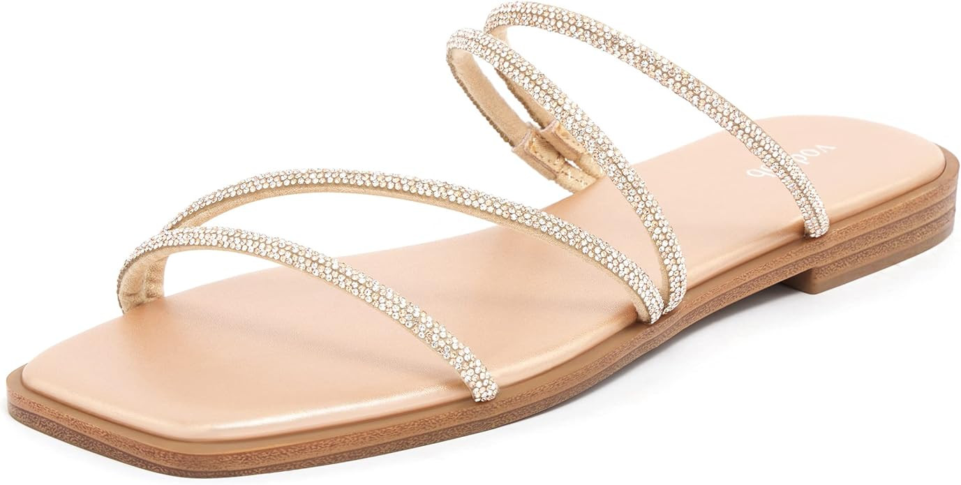 vodvob Women's Rhinestone Flat Sandals Slip on Memory Foam Sandals Open Toe Slide Sandals | Amazon (US)