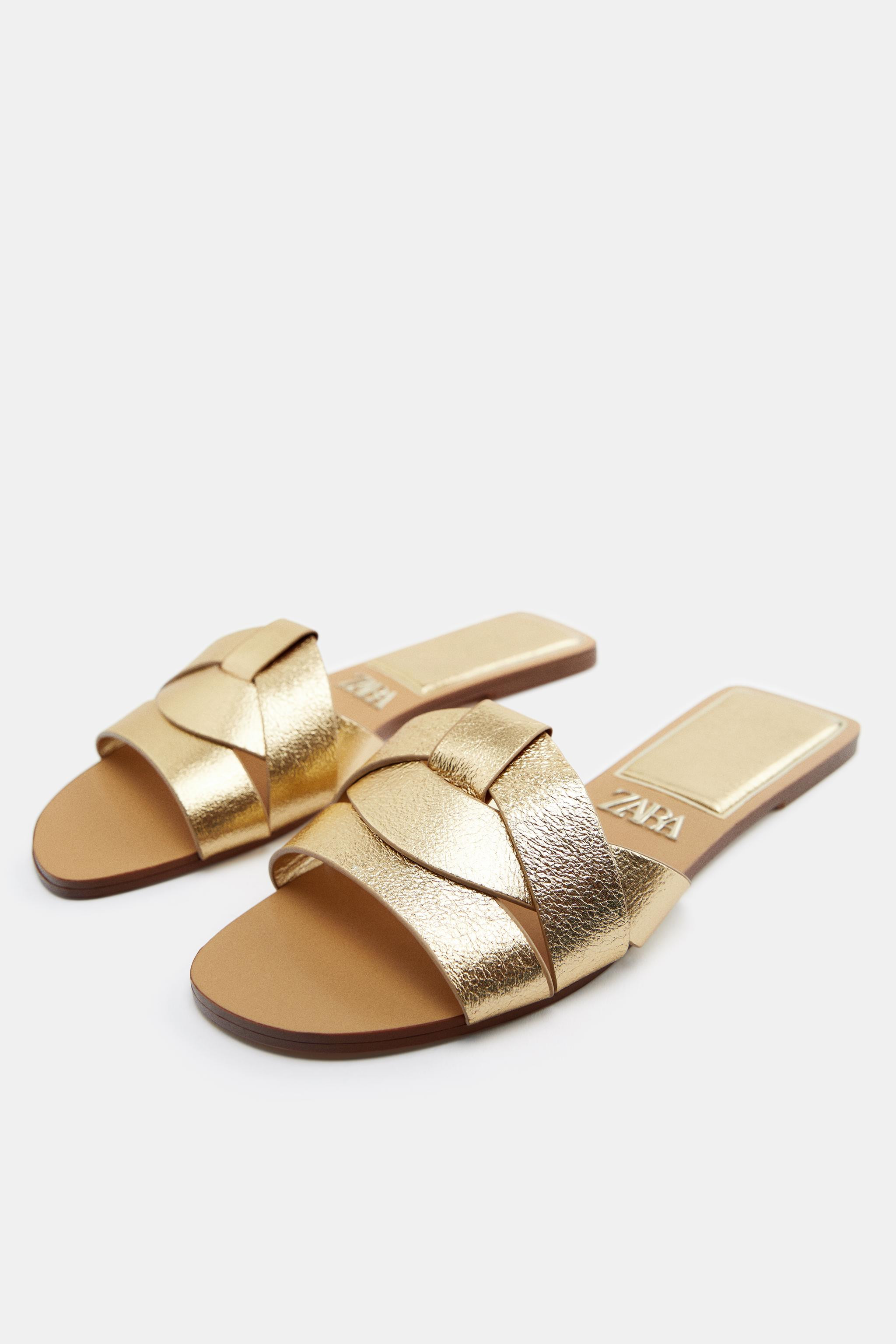 FLAT CROSSED LEATHER SANDALS | Zara US