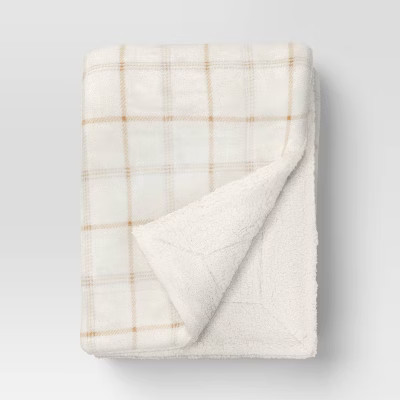 Plaid Printed Plush Throw Blanket Faux Shearling Reverse Ivory/Gray/Tan - Threshold™: Lightweig... | Target