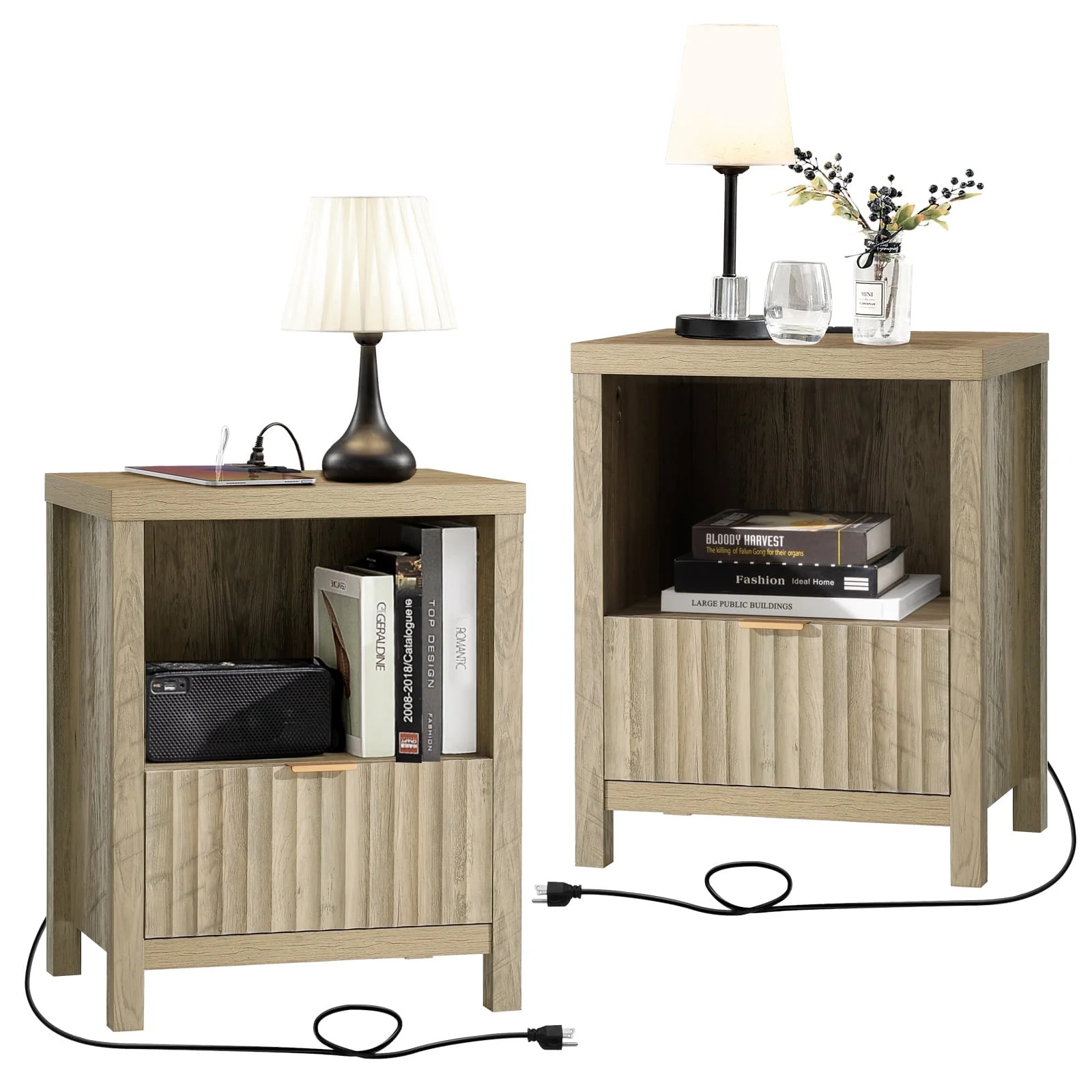 OAKHAM Nightstand with Charging Station, Bedside Tables with USB/Type-C Ports, Farmhouse Side Tab... | Walmart (US)