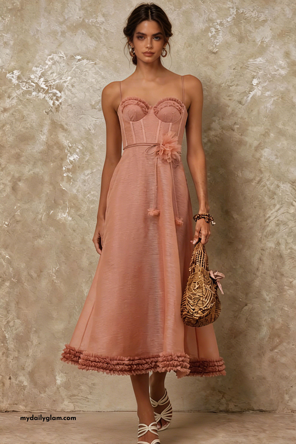 Soft blush corset midi dress with floral detail and ruffled hem for romantic feminine charm ✨ 

 #LTKootd #LTKOver40 #LTKTravel