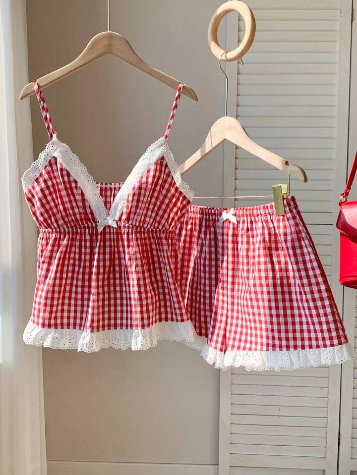 Comfortcana Women's Summer Vacation Woven Red And White Check Lace Splicing Camisole And Shorts Set | SHEIN