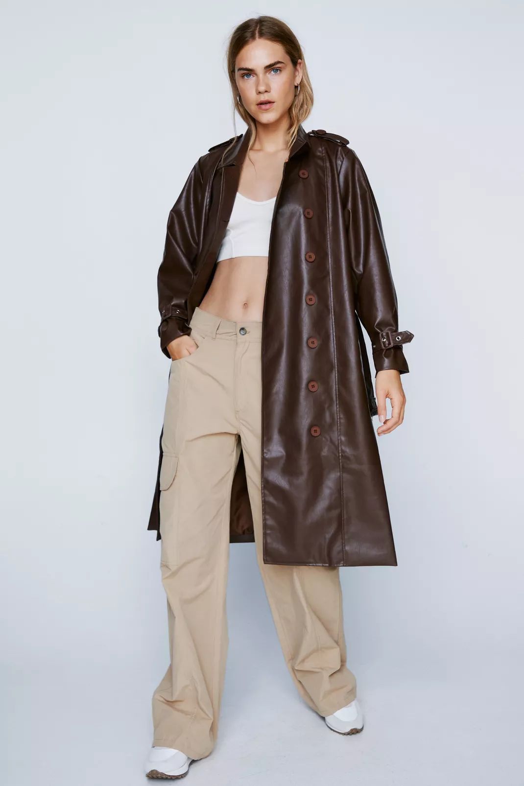 Faux Leather Belted Longline Trench Coat | Nasty Gal (US)