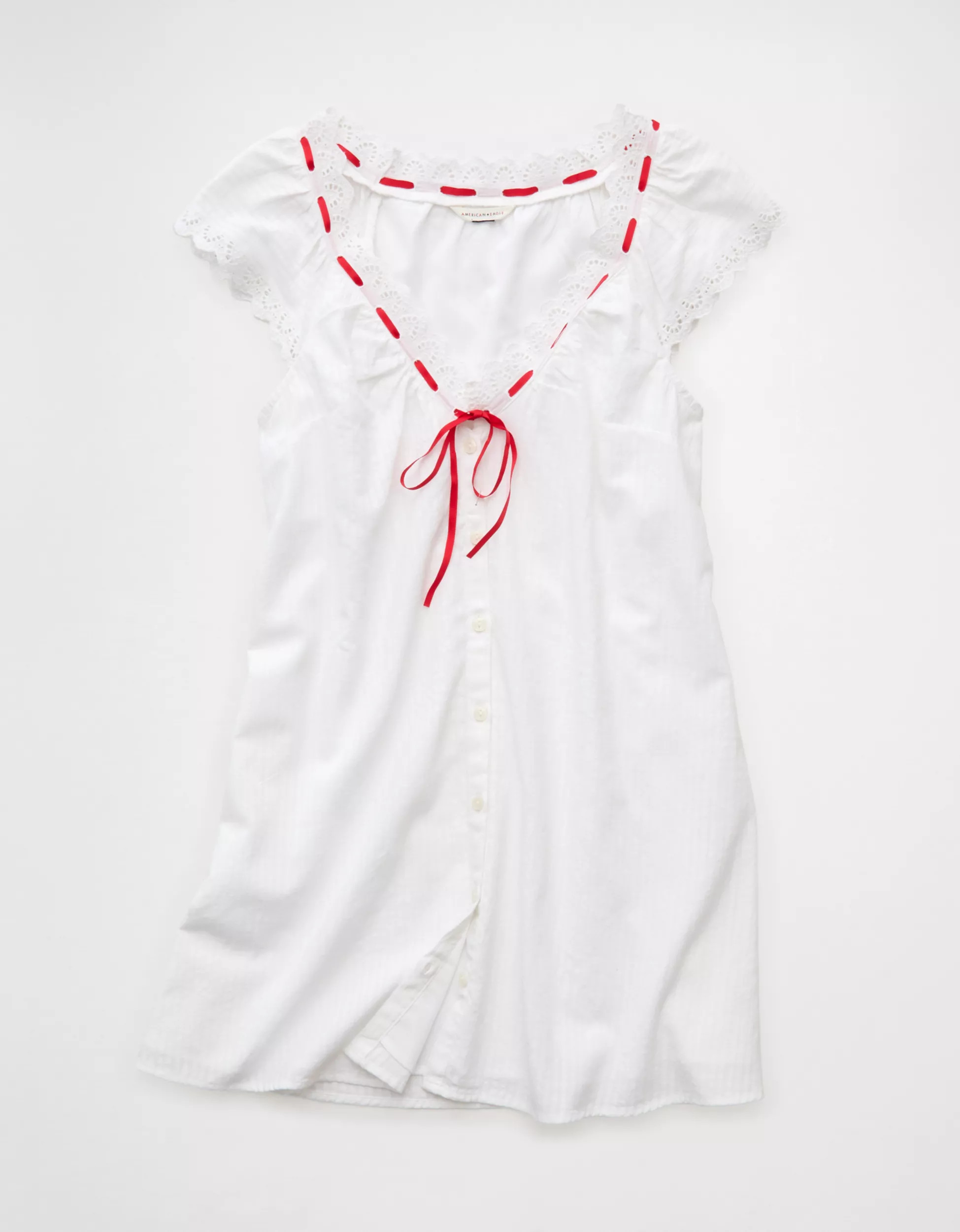 AE V-Neck Ruffled Button-Up Mini Dress | American Eagle Outfitters (US & CA)