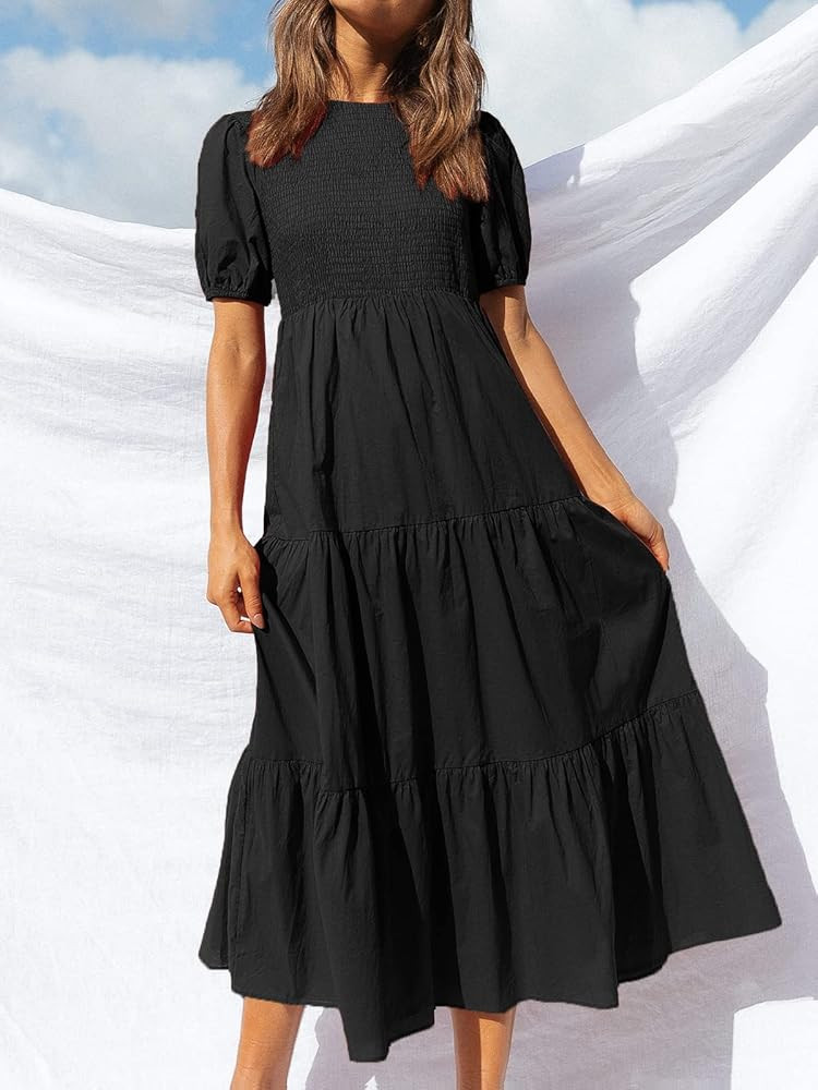 ZESICA Women's Casual Summer Crew Neck Short Puff Sleeve Smocked High Waist Ruffle Tiered A Line Mid | Amazon (US)