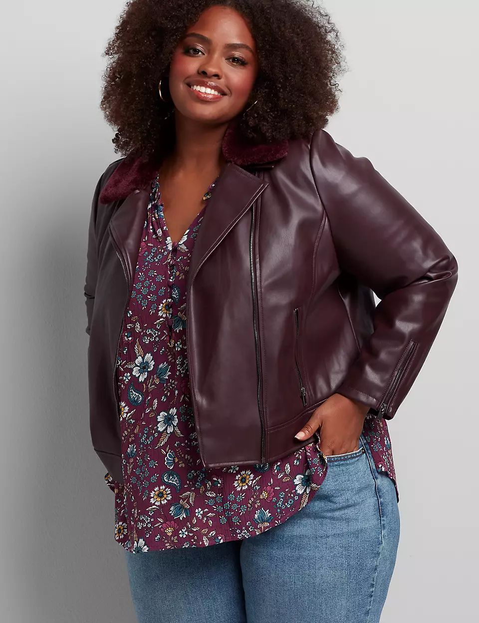 Faux-Leather Moto Jacket With Removable Faux-Fur Collar | Lane Bryant (US)