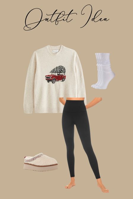 Casual outfit idea!!! Oversized sweater! Slouchy socks- amazon leggings Abercrombie find- ugg boots 