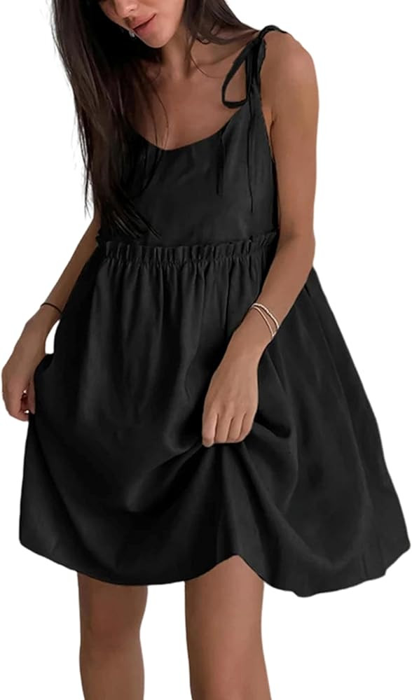 UANEO Summer Dresses for Women 2024 Cotton Linen Mini Sleeveless Tie Strap Dress Sundress | Amazon (US)