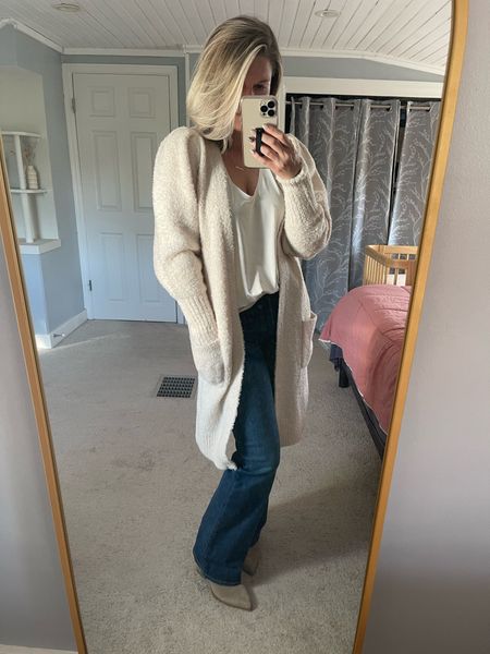 Puff shoulder fuzzy cardigan. Dark wash jeans. pointy suede booties with heels. Oversized neutral sweater 🤎

| winter fashion, mama fashion, neutral style, fall style, sweater weather, cozy fashion, women’s fashion, casual chic style, flare jeans |

#LTKunder100 #LTKshoecrush #LTKfit