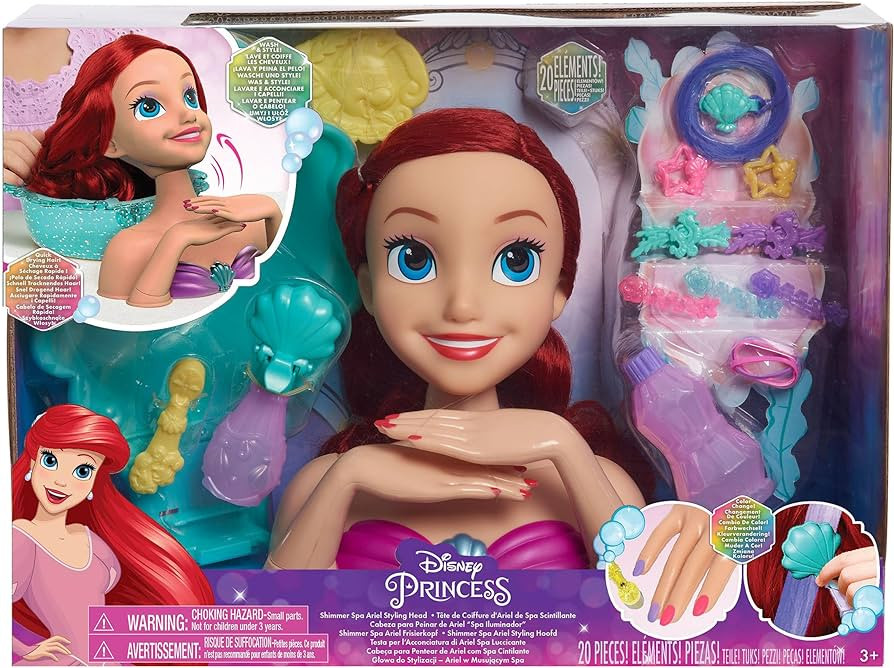 Disney Princess Just Play Shimmer Spa Ariel 8-inch Styling Head, 20-Pieces, Red Hair, Pretend Pla... | Amazon (US)