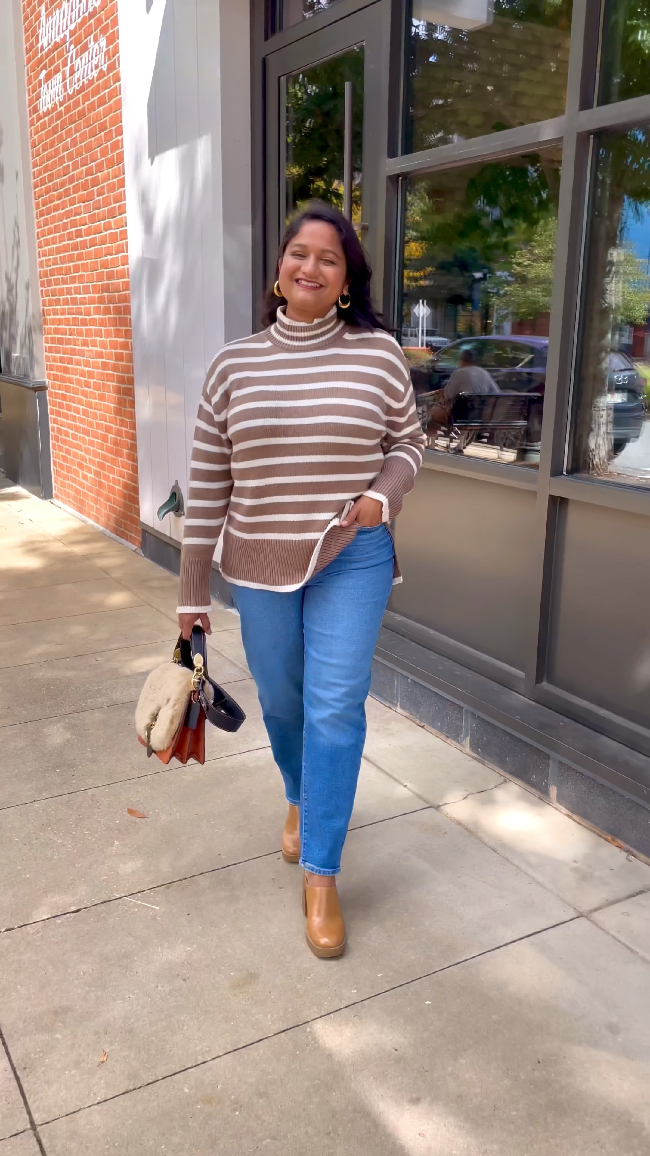 Fall casual outfit, thanksgiving outfit, lucky brand striped mock neck sweater, @Levi's high waisted mom jeans, @target mules @coach shearling bag

#LTKstyletip #LTKmidsize #LTKVideo