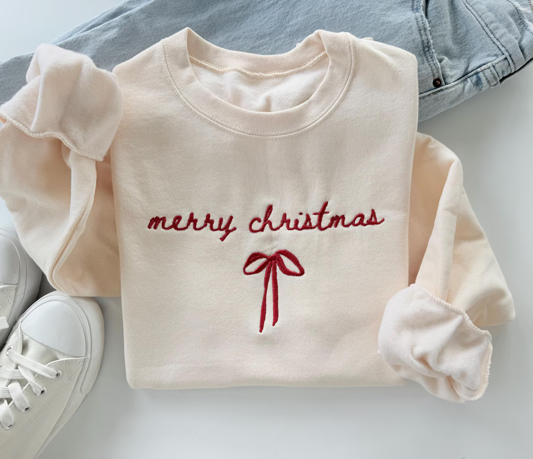 Embroidered Christmas Sweatshirt: Merry Christmas Bow Design - Etsy | Etsy (US)