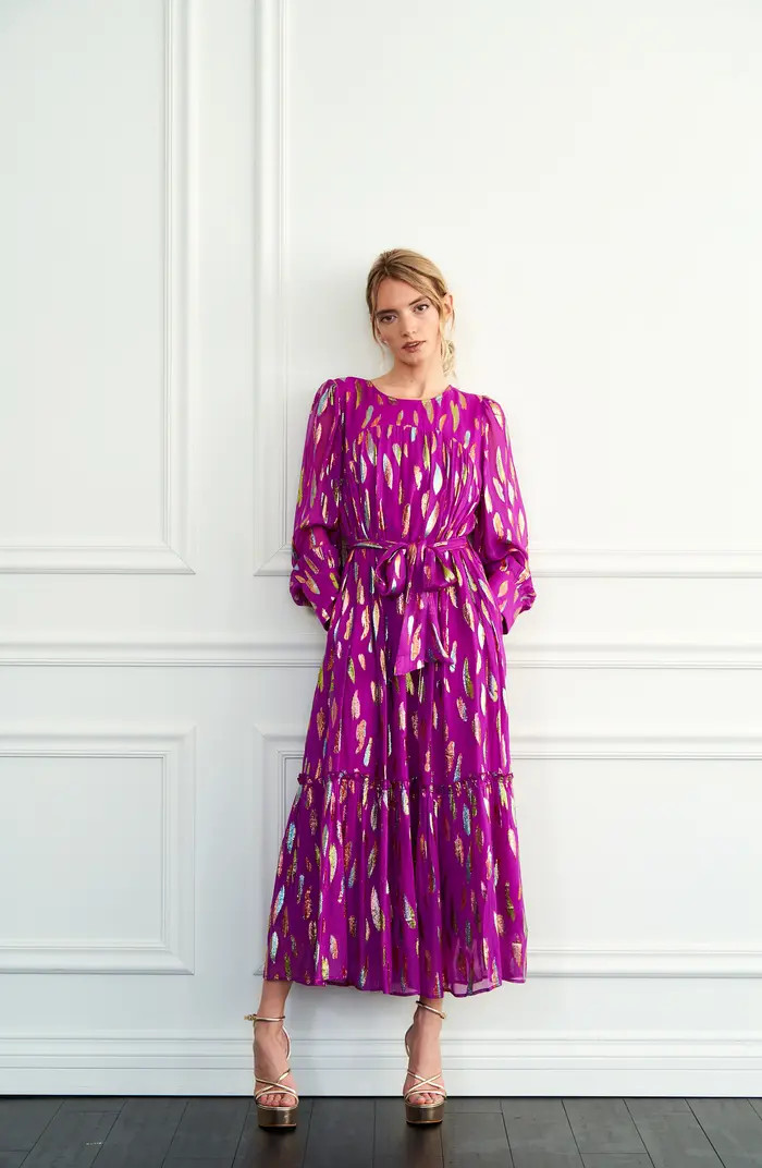 CIEBON Eryn Metallic Print Tie Waist Long Sleeve Maxi Dress | Nordstrom | Nordstrom