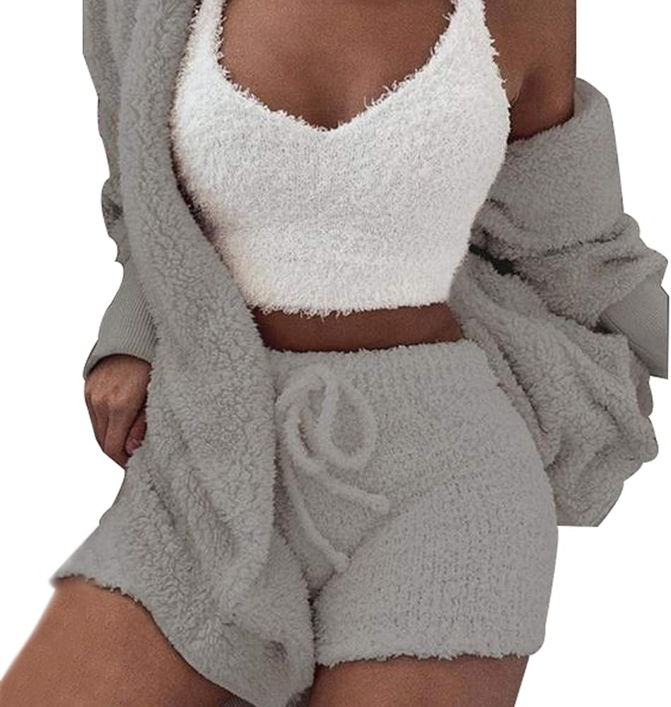Womens Sexy Fuzzy Warm Sherpa Fleece 3 Piece Outfit Fleece Coat Jacket Outwear and Spaghetti Stra... | Amazon (US)