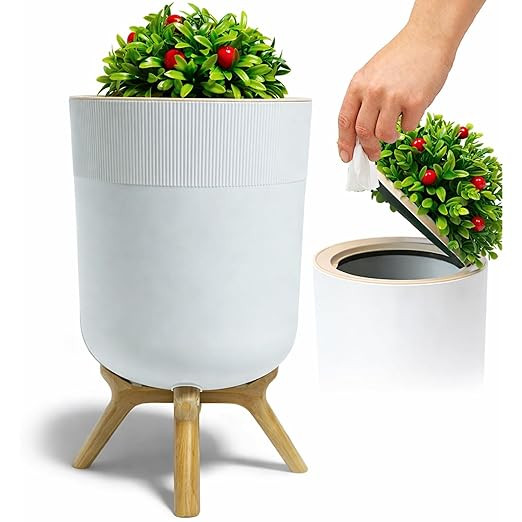 Small Bathroom Trash Can with Plant Style Lid, 1.8 Gallon, White, Small Bathroom Garbage Can, Dec... | Amazon (US)