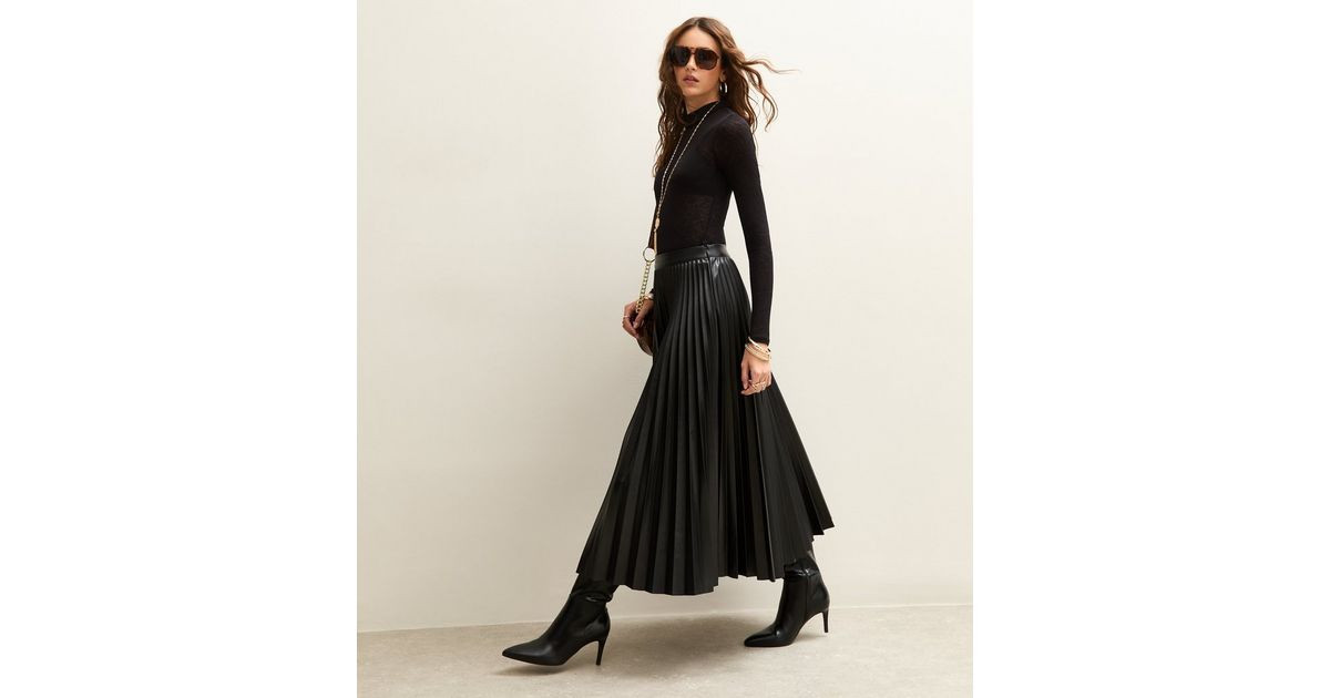 Black Faux Leather Pleated Midi Skirt | New Look | New Look (UK)