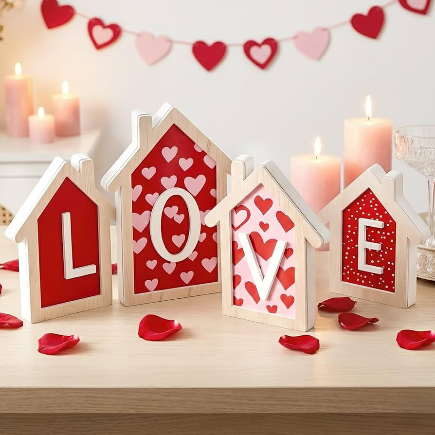 Valentines Day Decorations - 4 Pack 3D Design Wooden House Shape Sign, Valentines Day Table Decor... | Amazon (US)
