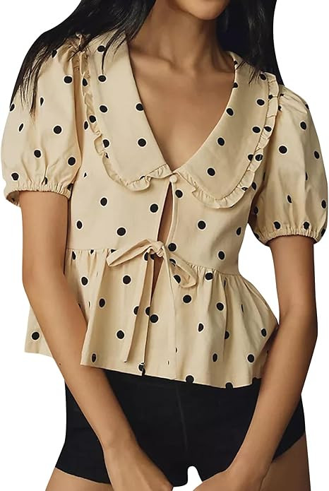 Womens Peter Pan Collar Blouse Babydoll Shirt 2025 Puff Short Sleeve Tie Front Peplum Blouse Goin... | Amazon (US)