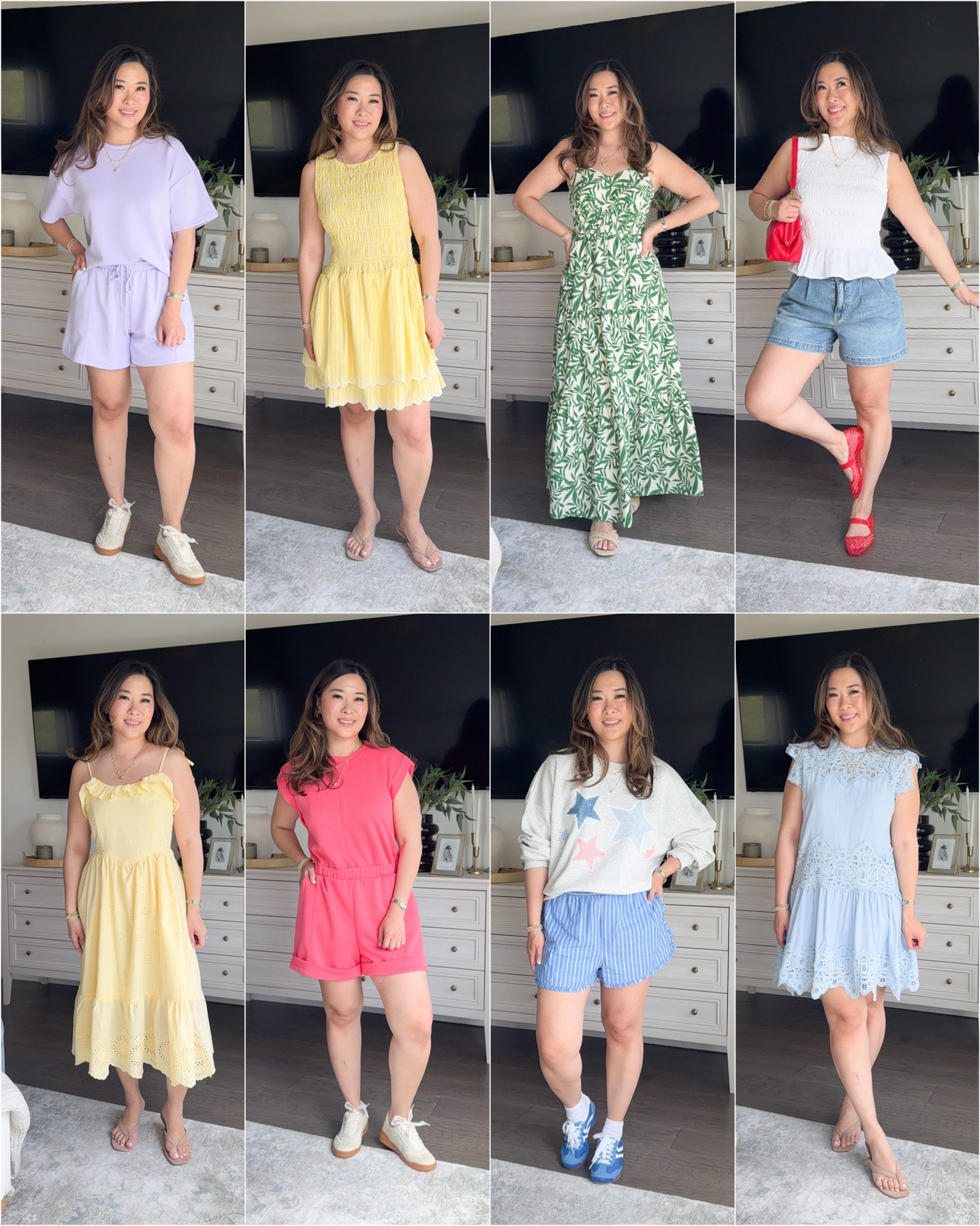 Walmart Spring Fashion finds
Purple Set: Medium
Yellow Mini Dress: Medium
Green Floral Dress: Small
White Tank: Small
Shorts: 8
Yellow Maxi Dress: Small
Coral Romper: Medium
Star Sweatshirt: XL
Striped Shorts: Medium
Blue Dress: Mediumm