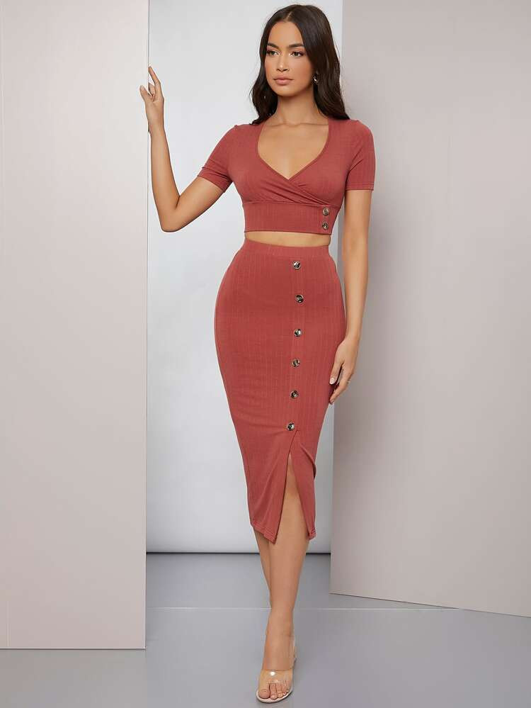 SHEIN Surplice Neck Crop Top & Pencil Skirt Set | SHEIN
