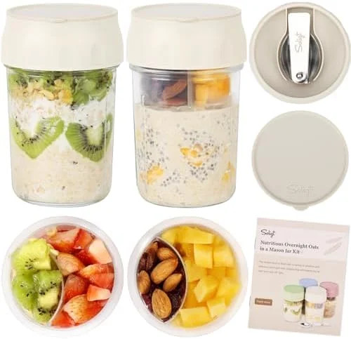 2 Pack Overnight Oats Containers with Lids, Folding Spoons and Divided Compartments for Fruit & N... | Walmart (US)