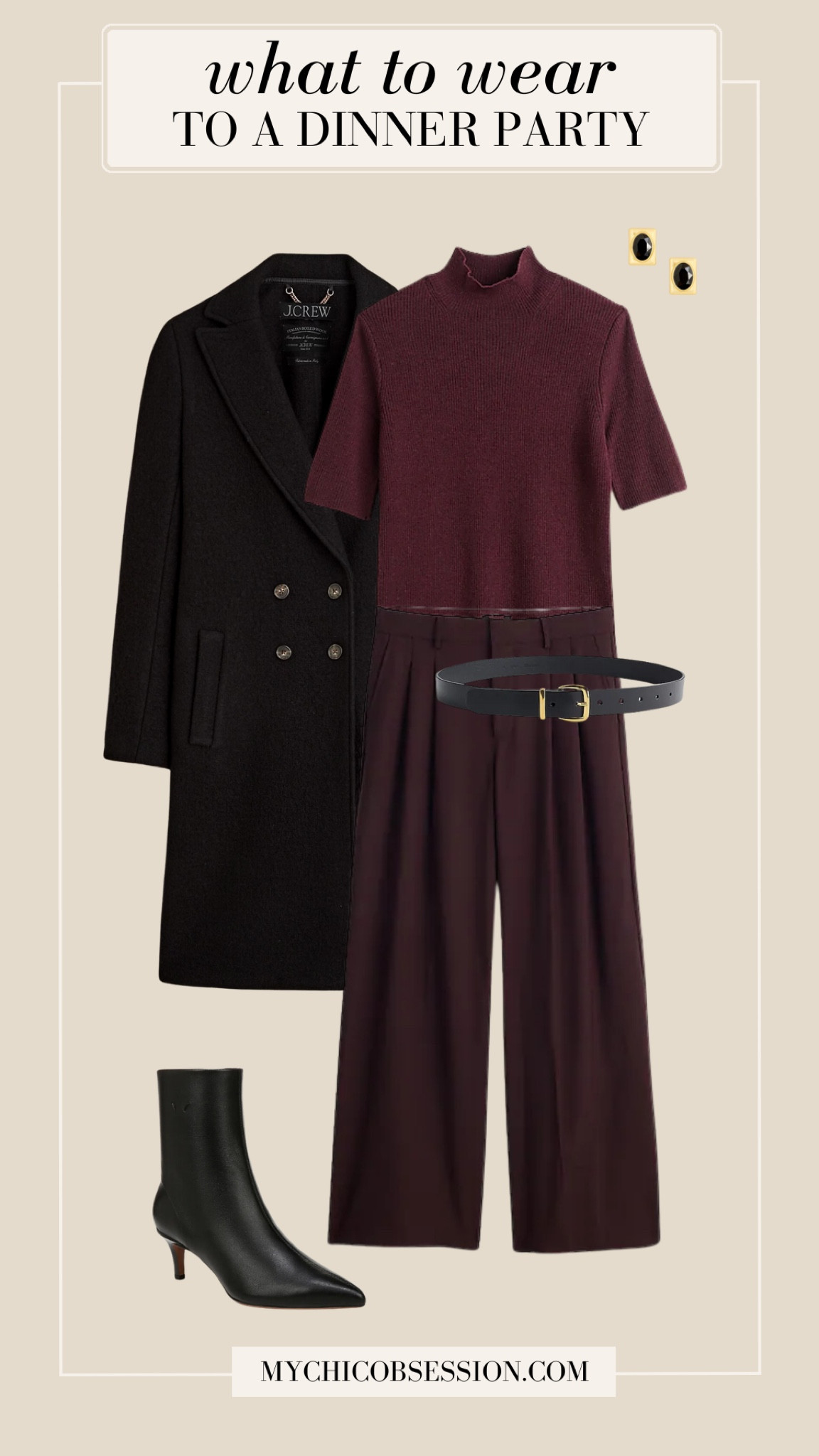 Style the perfect look for a holiday dinner party by pairing a short-sleeved burgundy turtleneck with wide-leg trousers, and a classic black belt. If it’s cold, add a black wool coat. Accessorize with a pair of dramatic stud earrings and a pair of black ankle boots.

#LTKHoliday #LTKSeasonal #LTKStyleTip