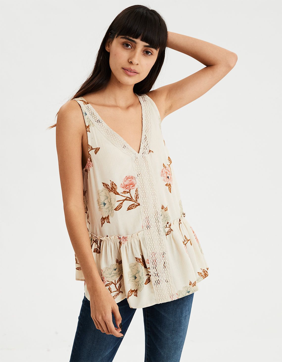 AE Floral Lace Inset Shell Top | American Eagle Outfitters (US & CA)
