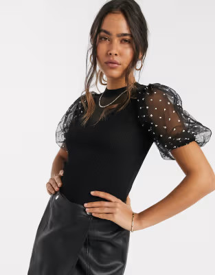 River Island polka dot organza sleeve top in black | ASOS (Global)