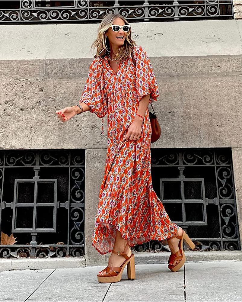 miduo Womens Loose Fit Casual Summer V Neck Half Sleeve Bohemian Geometric Pattern Maxi Long Dresses | Amazon (US)