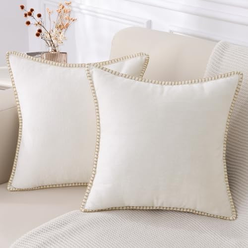 decorUhome Chenille Soft Throw Pillow Covers 22x22 Set of 2, Farmhouse Velvet Pillow Covers, Decorative Square Pillow Covers with Stitched Edge for Couch Sofa Bed, Cream White | Amazon (US)