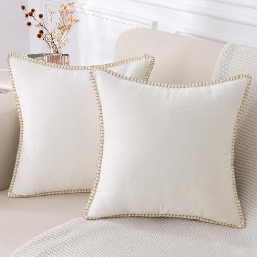 decorUhome Chenille Soft Throw Pillow Covers 22x22 Set of 2, Farmhouse Velvet Pillow Covers, Decorative Square Pillow Covers with Stitched Edge for Couch Sofa Bed, Cream White | Amazon (US)