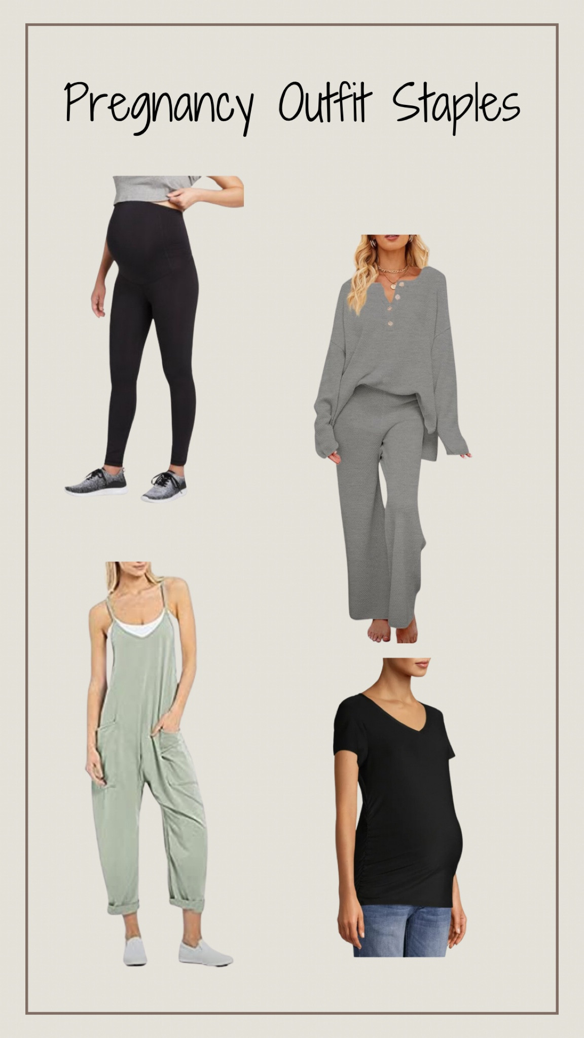 These are my pregnancy outfit must haves that I wear constantly! The shirts are $6 from Walmart and I wear my true size. I probably have at least 5. 

The leggings are Target and are only good if your bump is big enough to hold them up otherwise they fall down a little. 

The sweater set and jump suit are from Amazon and both in a large. The jumpsuit shrinks a little if you put it in the dryer. And the sweater set is super soft! Large is pretty oversized even for me but I don’t like tight clothes. I would say stick with true to size for a more lightly oversized look  

#LTKfindsunder50 #LTKbump #LTKstyletip