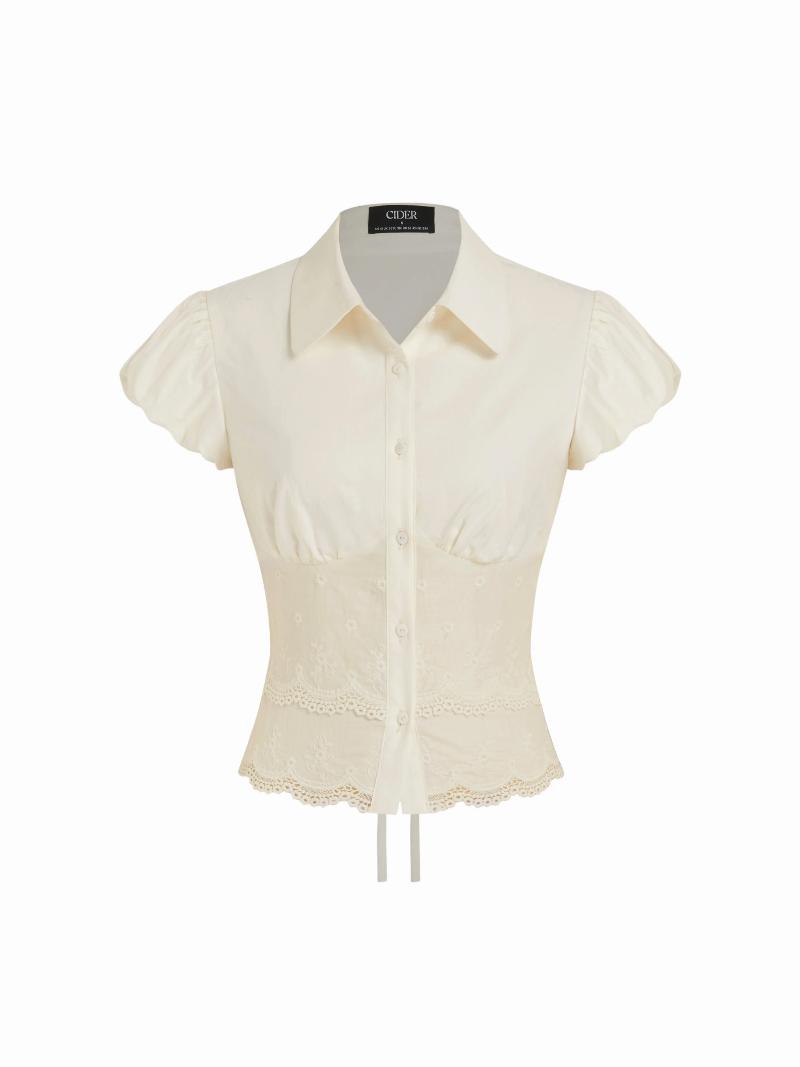 Geweven Cotton-blend Broderie Anglaise Puff Sleeve Scalloped Lace Trim Blouse For Dagelijkse casu... | Cider