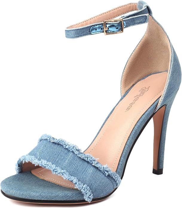 Latasa Women's Denim Heels Open Toe Ankle Strap Stiletto High Heel Sandals Shoes | Amazon (US)