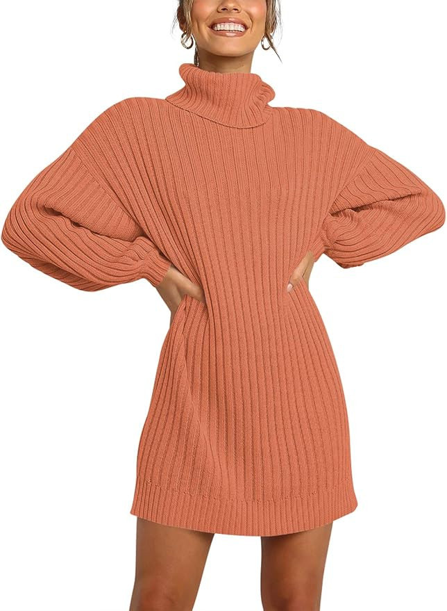 Margrine Women Turtleneck Long Lantern Sleeve Casual Loose Oversized Sweater Dress Soft Warm Pull... | Amazon (US)