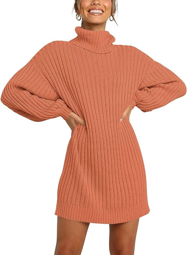 Margrine Women Turtleneck Long Lantern Sleeve Casual Loose Oversized Sweater Dress Soft Warm Pull... | Amazon (US)