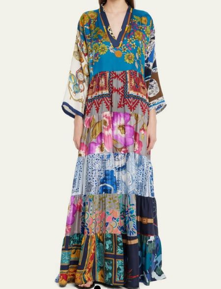 #One-of-a-Kind Mixed-Print #Silk #MaxiDress #colorfulmaxidress #longdress #bridal #wedding #eastersunday #multicolordress