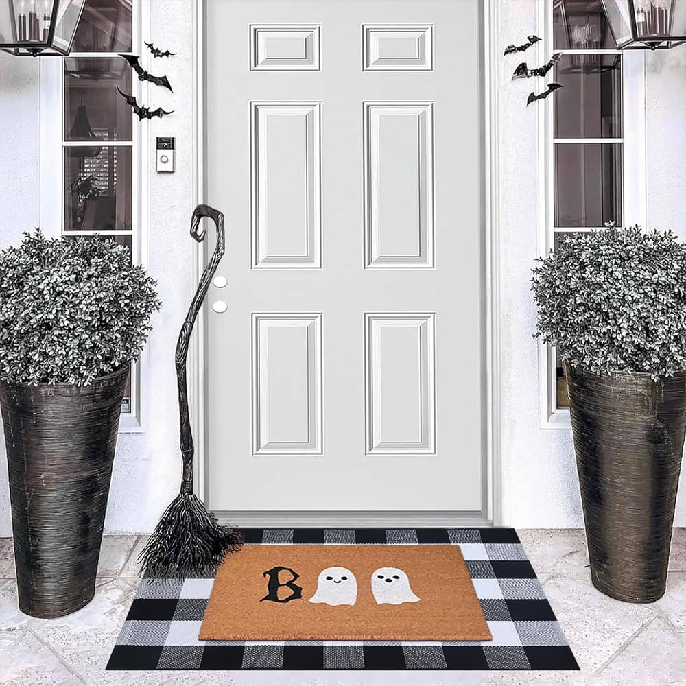 Halloween Door Mat Combo Set, Boo Ghost Coco Coir Welcome Doormat + 28" x 43" Black and White Pla... | Amazon (US)