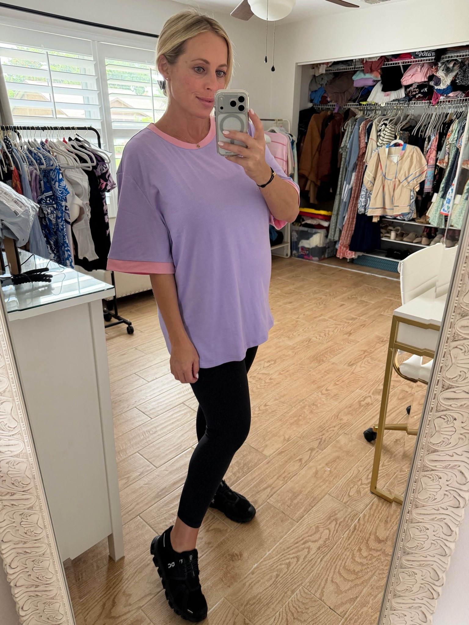 Casual outfit. Wearing XL in oversized tee, 10 in Lululemon leggings and 9 in on cloud sneakers. 26 weeks pregnant

#LTKBump #LTKootd #LTKMidsize