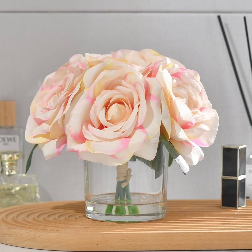 Rose Silk Flower Arrangement with Faux Water Artificial Vivid Rose in Glass Cylinder Vase Elegant... | Amazon (US)