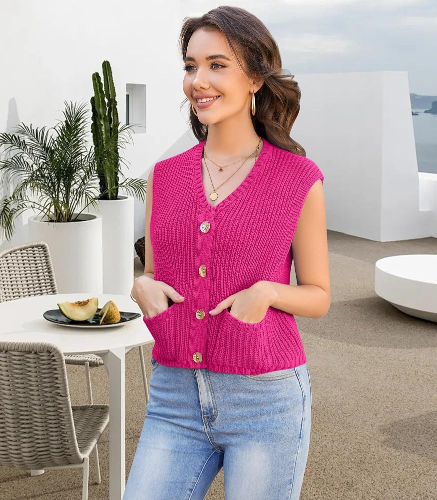 Womens Summer Crop Knit Sweater Vest Sleeveless Button Down Chunky Knit Vest Cardigan with Pocket... | Amazon (US)
