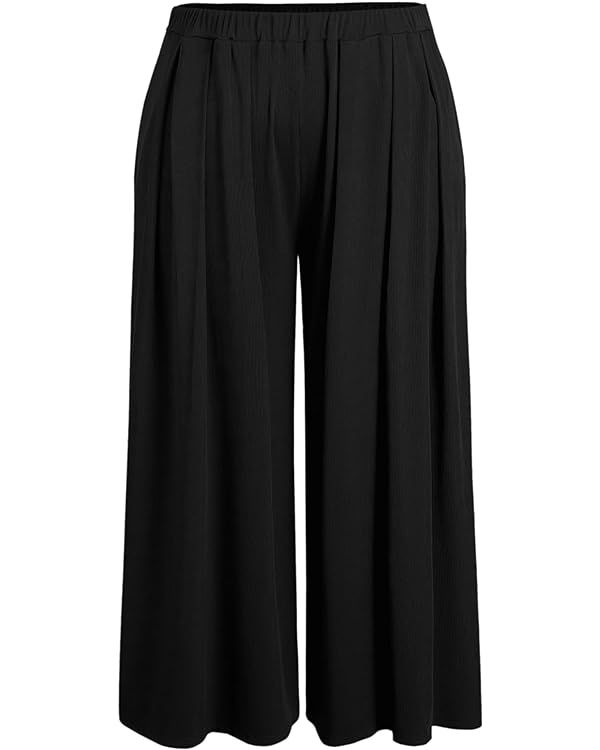 CIDER Solid Elastic Waist Pocket Wide Leg Pants Curve & Plus | Amazon (US)