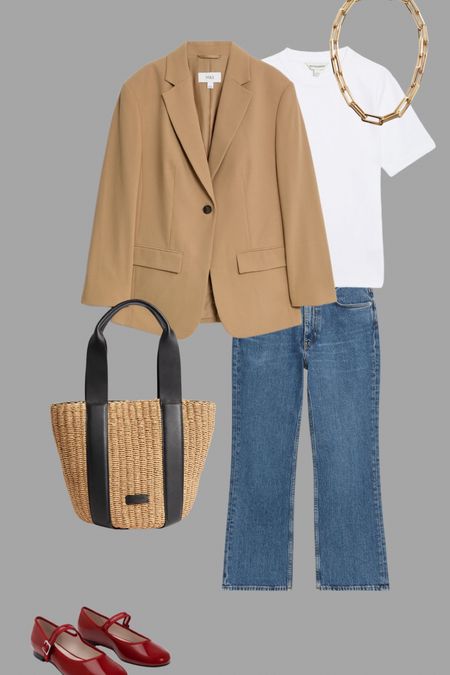 Perfect spring outfit. Oversized camel blazer, crop flare jeans at Arket, essential basket bag, patent red Mary Janes and the perfect white tee