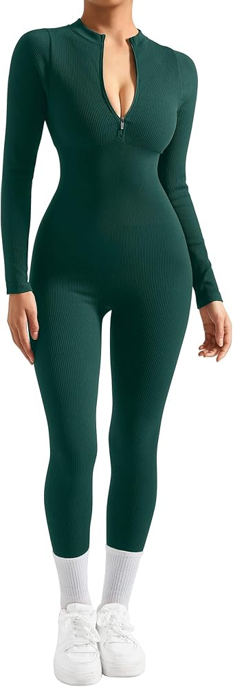SUUKSESS Women Long Sleeve Ribbed Jumpsuit Zip up Front Workout Bodycon Romper | Amazon (US)