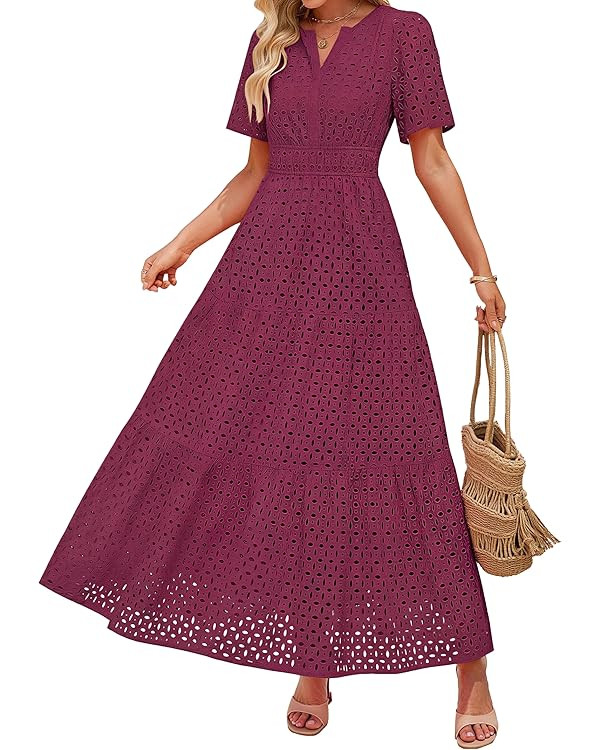 ZESICA Summer Dresses for Women 2026 Casual V Neck Short Sleeve Eyelet A Line Beach Vacation Long... | Amazon (US)