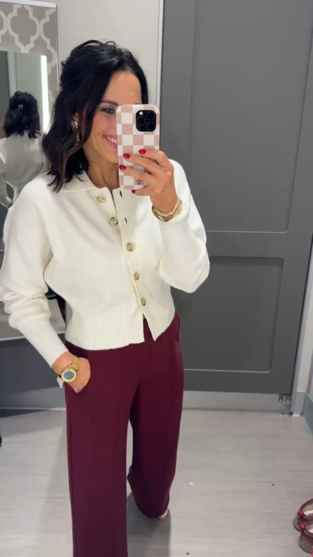 Holiday party outfit inspo! I love the gold buttons on this cream cardigan and how well it pairs with these burgundy pants! The perfect classic outfit for your work holiday party or a girls night gift exchange! Christmas party outfits, holiday outfits, work pants, chic sweater, VintagePickin 

#LTKgrwm #LTKHoliday #LTKFindsUnder50