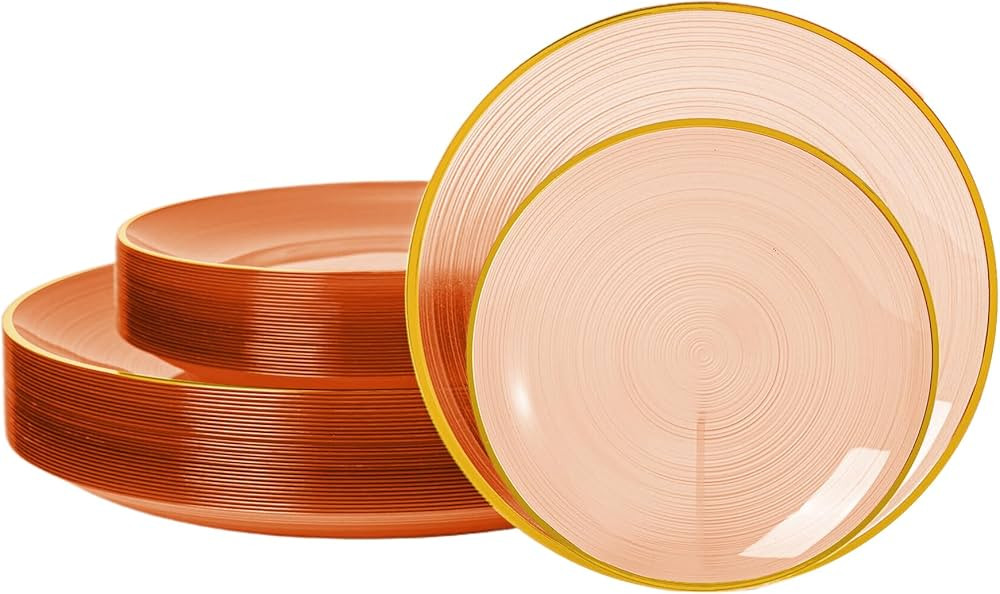 N9R 60PCS Orange Plastic Plates with Gold Trim – 30 Dinner & 30 Dessert Plates, Circular Ribbed... | Amazon (US)